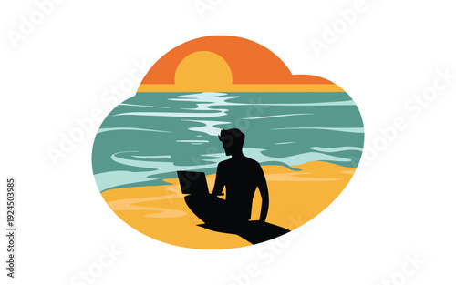 Serene beachside reading with a laptop during sunset