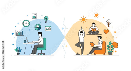 Illustration of people working in a futuristic office environment with technology and creativity