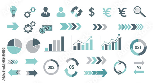 Infographic elements collection featuring business and financial symbols, charts, and icons in shades of teal and gray