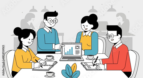 Team collaboration meeting with laptop and documents around a table in a modern office environment