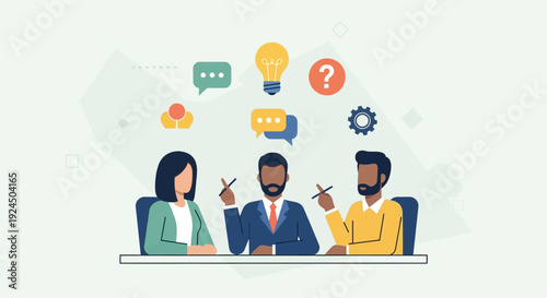 Three professionals engaged in a collaborative discussion around a table with idea symbols above them.