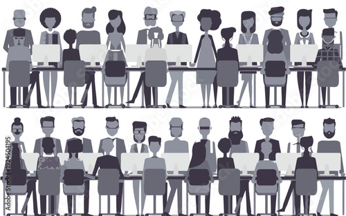 Diverse group of people engaging in collaborative and individual activities.