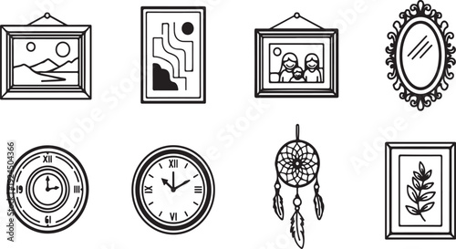 A collection of various framed artworks and decorative items on a wall Vector