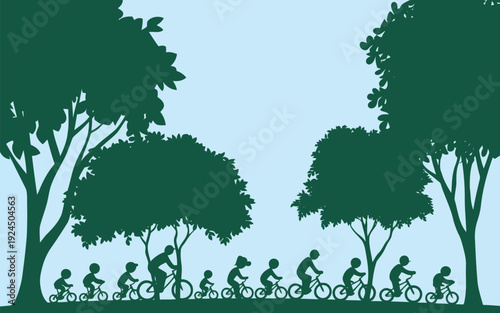 Group of cyclists enjoying a scenic ride through a lush forest path.