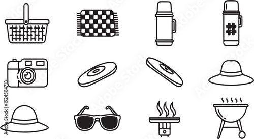 Assorted icons representing various outdoor and travel items Vector