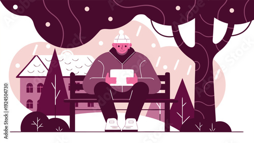 An elderly man sits on a park bench, using a digital tablet in a snowy winter park scene.