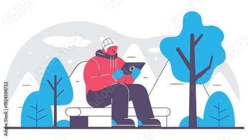 An elderly man uses a digital tablet while sitting on a park bench in a snowy mountain park.