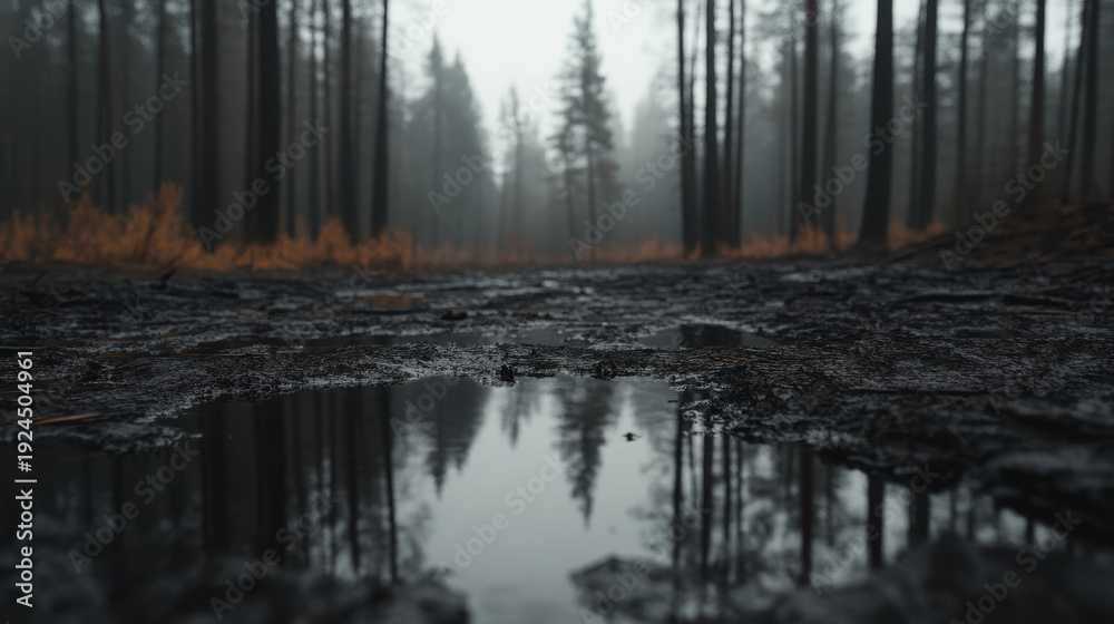Obraz premium Gloomy forest path with puddles reflecting dark pine trees on a foggy day