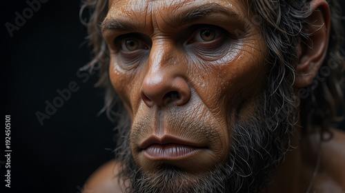 close up photo of Neanderthal (archaic human) on black background.