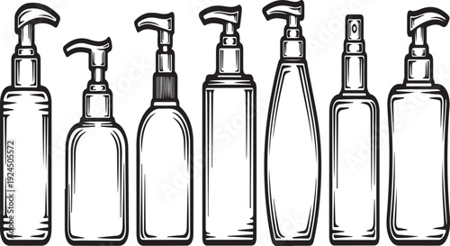 Assorted hand sanitizer bottles and dispensers in a row, illustrated in black and white. Vector