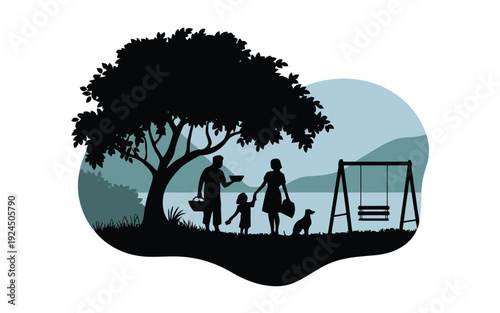 Family enjoying a peaceful moment in a park with a swing and a dog.