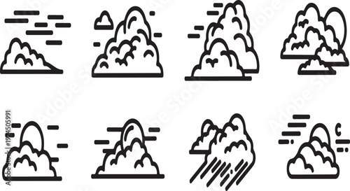 Eight different types of weather conditions illustrated with simple line drawings. Vector