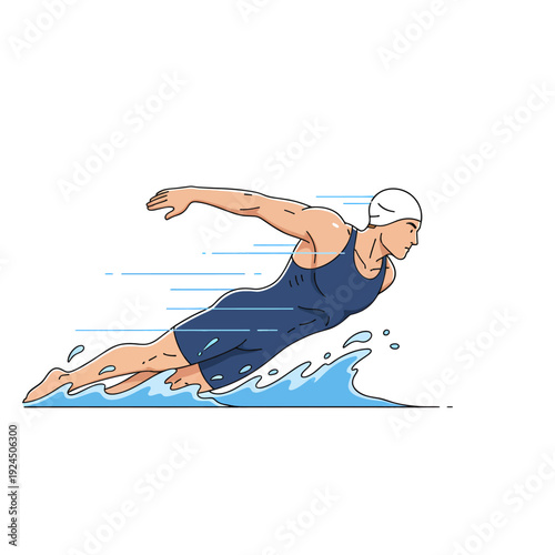 Male swimmer in action, swimming freestyle in a blue swimsuit.