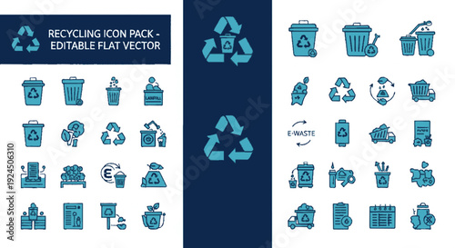 Collection of blue recycling icons including trash cans recycling symbols and waste management elements on white and dark blue backgrounds