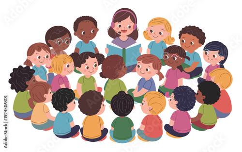 Diverse group of children gathered in a circle for a storytime session.