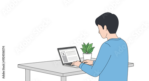 Man working on laptop at desk with potted plant beside him in office environment viewed from behind