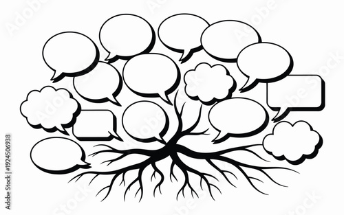 A creative illustration of interconnected thought bubbles emerging from a tree's roots