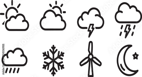 Weather conditions and renewable energy symbols in simple black and white icons Vector