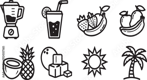 Tropical fruit smoothie recipes and ingredients for a refreshing summer drink. Vector