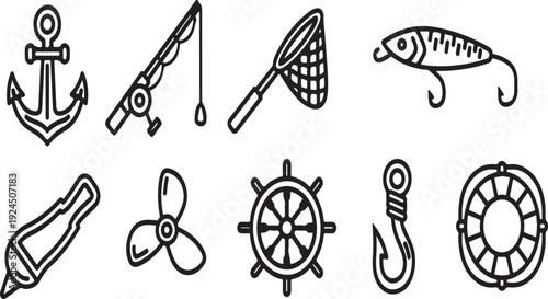 Assorted nautical icons representing various boating and fishing equipment Vector