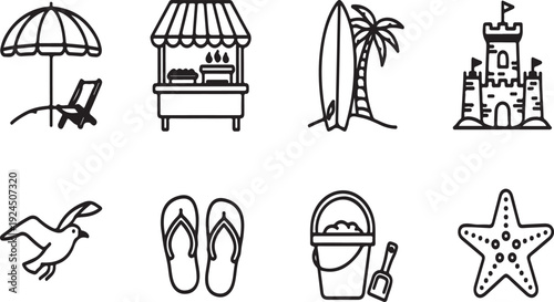 Assorted icons representing various beach and vacation items and activities Vector