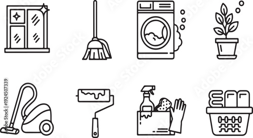 A collection of cleaning and home maintenance tools and activities Vector