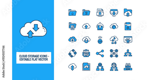 Collection of editable flat vector cloud storage icons for data management and online backup solutions
