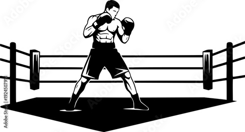 Powerful boxing match illustration black and white ink splash style, two boxers fighting in ring silhouette
