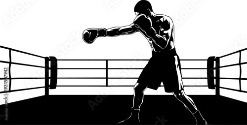Powerful boxing match illustration black and white ink splash style, two boxers fighting in ring silhouette
