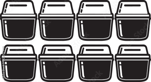 Eight black containers with lids arranged in two rows of four. Vector