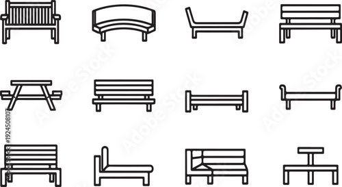A collection of various types of benches and seating arrangements Vector