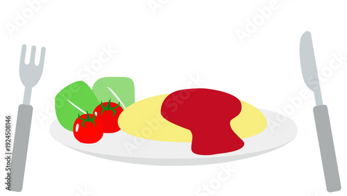 皿に盛られたオムレツ（ナイフとフォーク付き）のイラスト素材