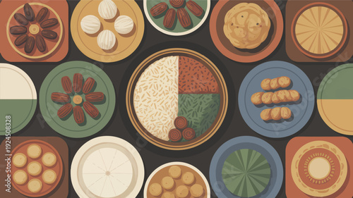 Top-down view of various traditional Middle Eastern and South Asian dishes, including rice, dates, and sweets, served on colorful round plates, perfect for cultural food blogs and restaurant