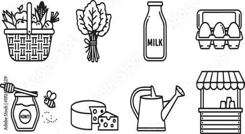A variety of fresh produce and farm items depicted in simple line drawings Vector