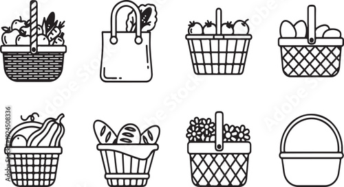 A variety of baskets filled with different fruits and vegetables. Vector