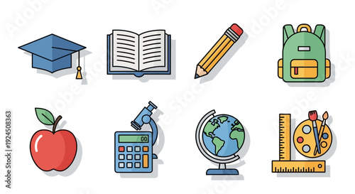 Vibrant school supplies and education icons for learning and growth