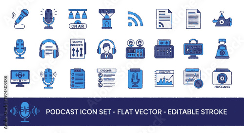 Collection of twenty blue podcast icons including microphone headphones and documents on white background flat vector graphics