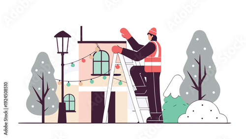 Worker in Santa hat climbs ladder, installing festive holiday lights on a building in a snowy scene.