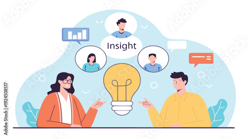 Man and woman discuss ideas around a large lightbulb, with thought bubbles showing team and charts.