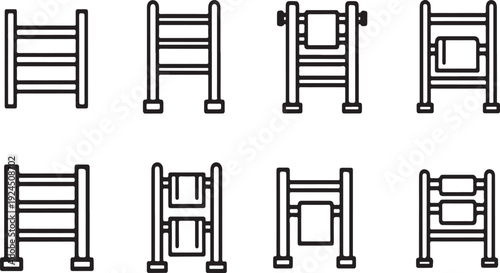 A collection of eight different ladder designs with various structural elements and configurations. Vector