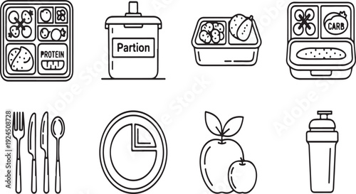 Illustrations of various food containers, utensils, and healthy food items Vector