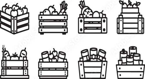 Eight crates filled with various vegetables and fruits in a monochromatic illustration Vector