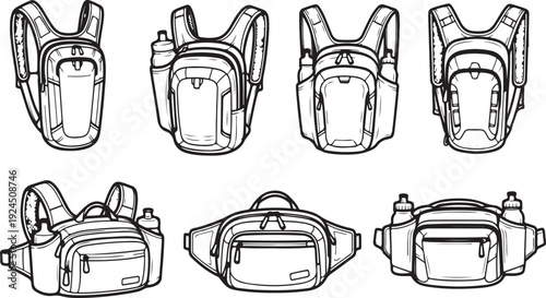 Various types of backpacks and bags for carrying items and personal belongings Vector