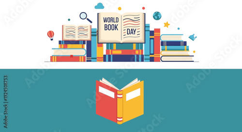 Vibrant World Book Day celebration with colorful books and symbols