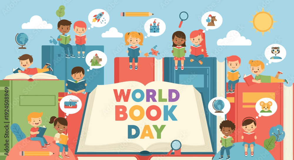 Obraz premium Children celebrating World Book Day with books and imagination