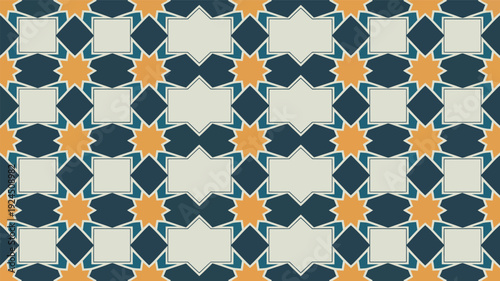 Seamless geometric pattern vector with intricate star and diamond shapes in blue, orange, and cream colors, ideal for textile, wallpaper, and digital backgrounds