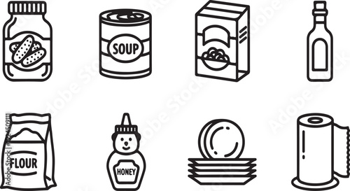 A variety of food items and kitchen essentials neatly arranged in a row Vector
