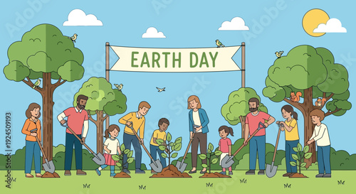 Diverse group of people planting trees on Earth Day