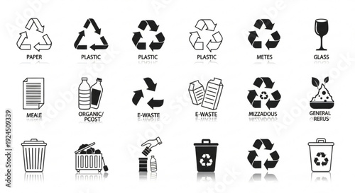 Collection of black and white recycling symbols and waste management icons for paper plastic glass and metal on white background