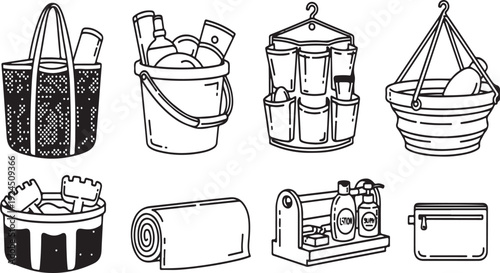A variety of camping and outdoor equipment illustrated in a simple line drawing Vector